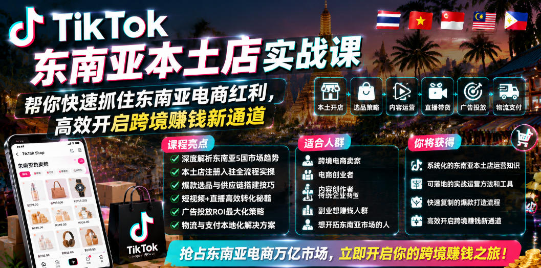 TikTok东南亚本土店实战课，帮你快速抓住东南亚电商红利，高效开启跨境賺钱新通道-梦清研习社