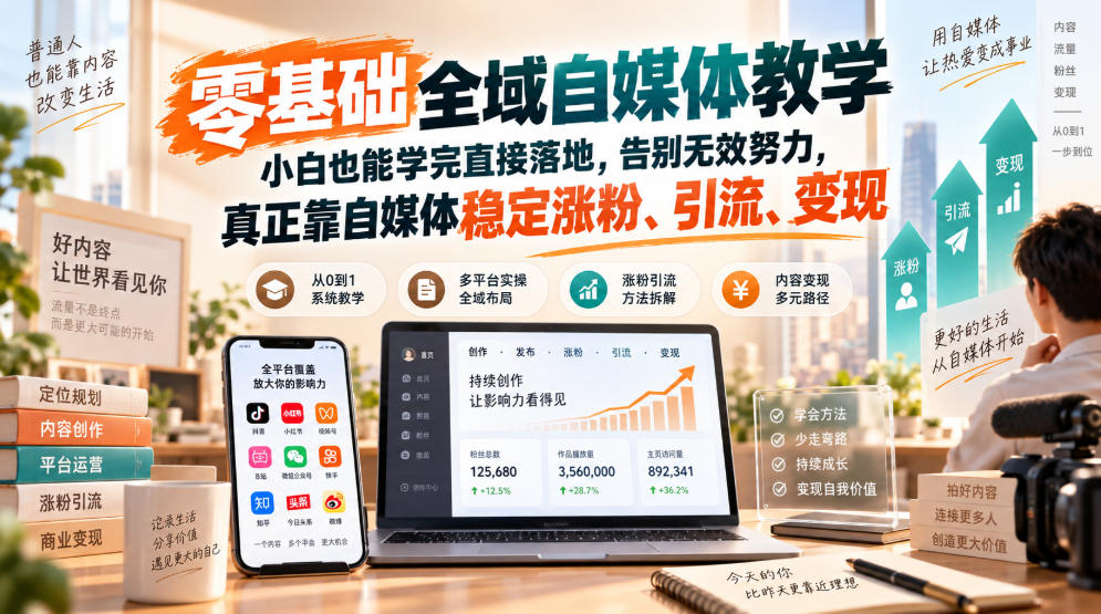 零基础全域自媒体教学，小白也能学完直接落地，告别无效努力，真正靠自媒体稳定涨粉、引流、变现-梦清研习社