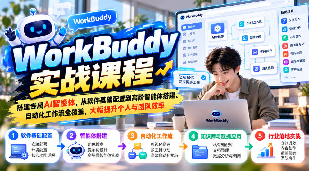 WorkBuddy实战课程，搭建专属AI智能体，从软件基础配置到高阶智能体搭建、自动化工作流全覆盖，大幅提升个人与团队效率-梦清研习社