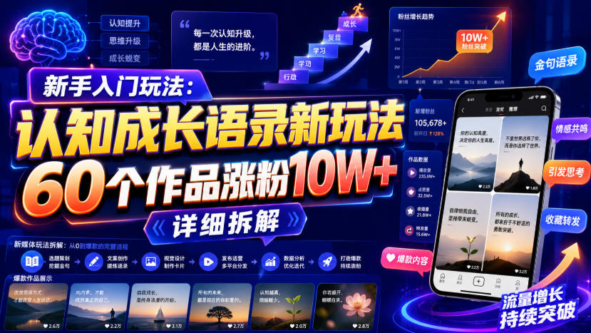 新手入门玩法：认知成长语录新玩法，60个作品涨粉10W+，详细拆解-梦清研习社