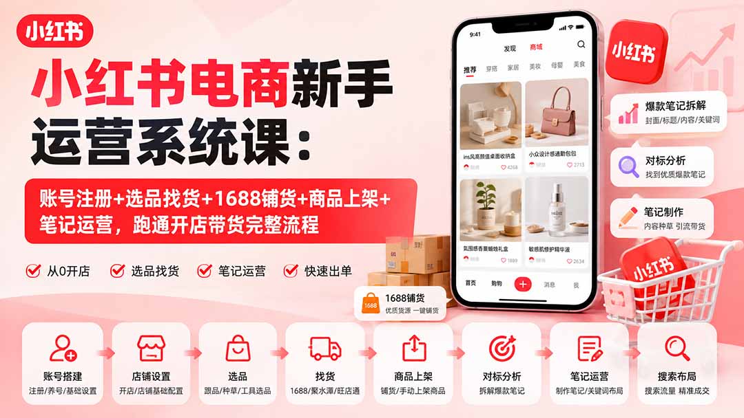 小红书电商新手运营系统课：账号注册+选品找货+1688铺货+商品上架+笔记运营，跑通开店带货完整流程-梦清研习社