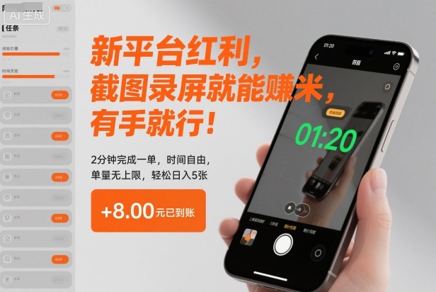 新平台红利，截图录屏就能賺米，有手就行！2分钟完成一单，时间自由，单量无上限，轻松日入5张【揭秘】-梦清研习社