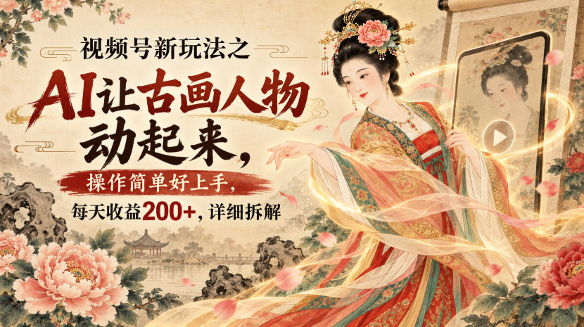 视频号新玩法之AI让古画人物动起来，操作简单好上手，每天收益200+，详细拆解-梦清研习社