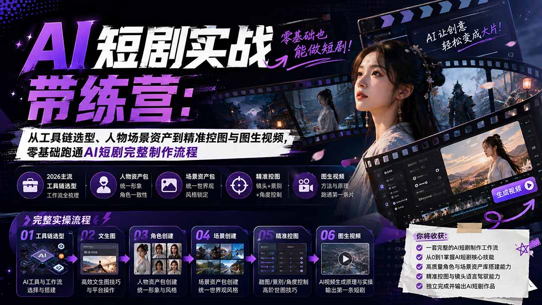 AI短剧实战训练营：从工具链选型、人物场景资产到精准控图与图生视频，零基础跑通AI短剧完整制作流程-梦清研习社