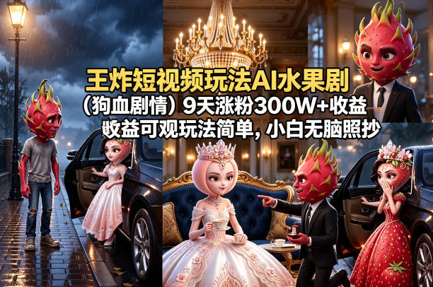 王炸短视频玩法AI水果剧(狗血剧情)9天涨粉300W+收益可观玩法简单，小白无脑照抄，详细拆解玩法-梦清研习社