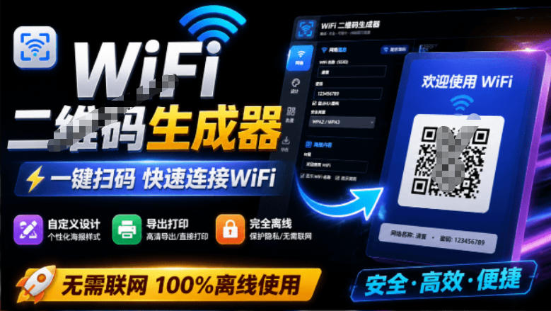 完全离线使用！WiFi二维码生成器，一键扫码快速连接WiFi，支持自定义风格导出WiFi二维码生成器-梦清研习社