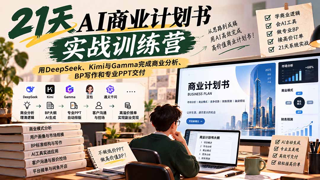 【无水印】21天AI商业计划书实战训练营：用DeepSeek、Kimi与Gamma完成商业分析、BP写作和专业PPT交付-梦清研习社