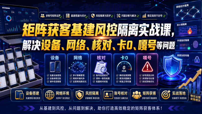 矩阵获客基建风控隔离实战课,解决设备、网络、核对、卡0、嘎号等问题-梦清研习社