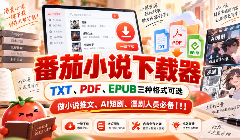 番茄小说下载器，TXT、PDF、EPUB三种格式可选，做小说推文、AI短剧、漫剧人员必备！！！-梦清研习社