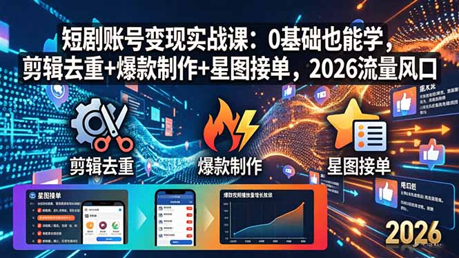 短剧账号变现实战课：0基础也能学，剪辑去重+爆款制作+星图接单，2026流量风口-梦清研习社