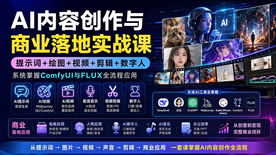 AI内容创作与商业落地实战课：提示词+绘图+视频+剪辑+数字人，系统掌握ComfyUI与FLUX全流程应用-梦清研习社