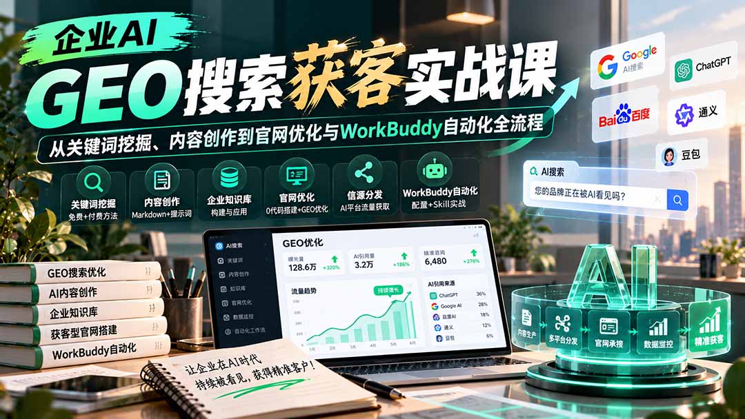 企业AI GEO搜索获客实战课：从关键词挖掘、内容创作到官网优化与WorkBuddy自动化全流程-梦清研习社