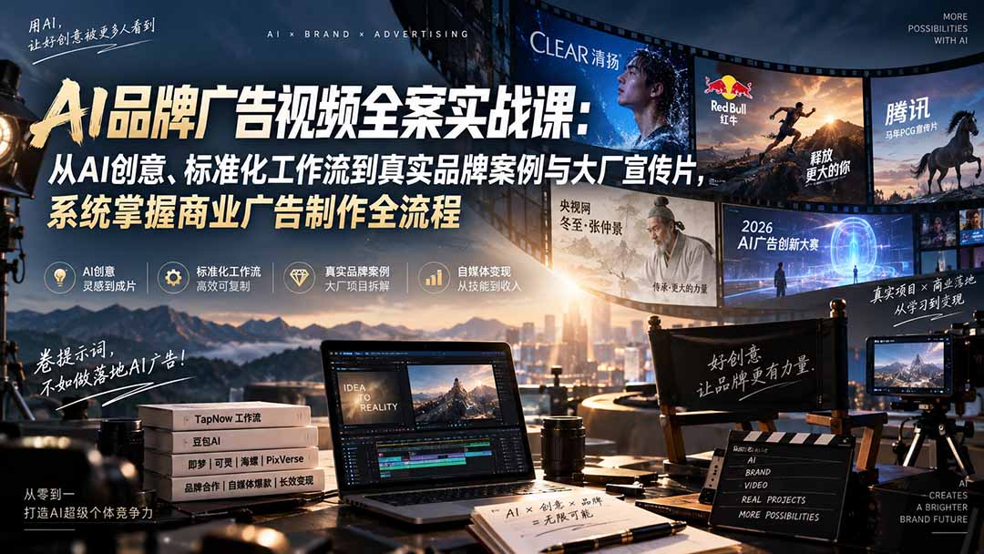 AI品牌广告视频全案实战课：从AI创意、标准化工作流到真实品牌案例与大厂宣传片，系统掌握商业广告制作全流程-梦清研习社