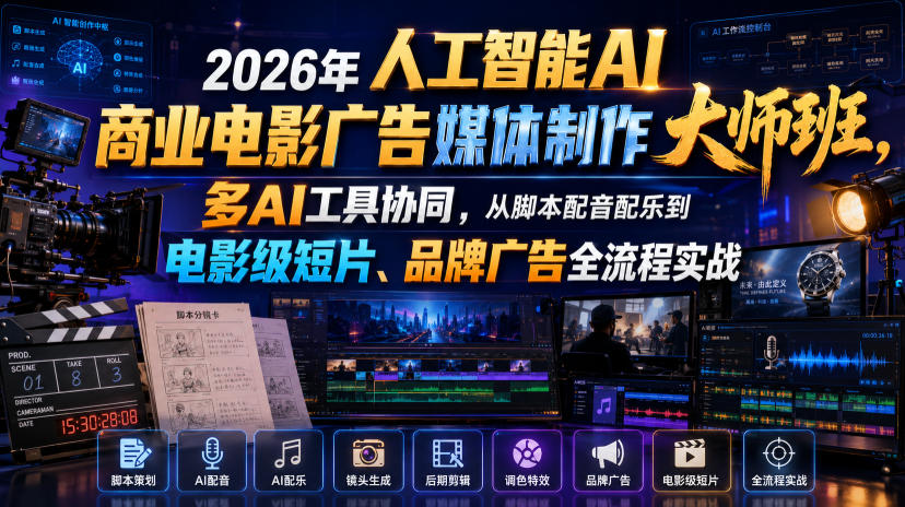 2026年人工智能AI商业电影广告媒体制作大师班，多AI工具协同，从脚本配音配乐到电影级短片、品牌广告全流程实战(中英字幕)-梦清研习社