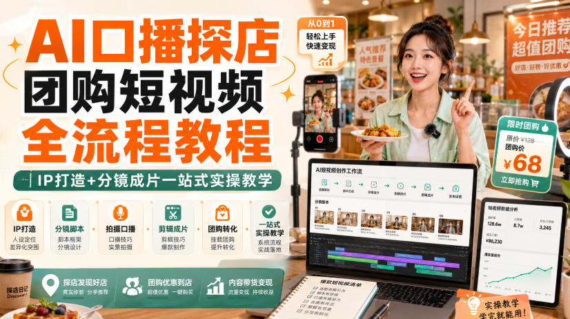 AI口播探店团购短视频全流程教程｜IP打造+分镜成片一站式实操教学-梦清研习社