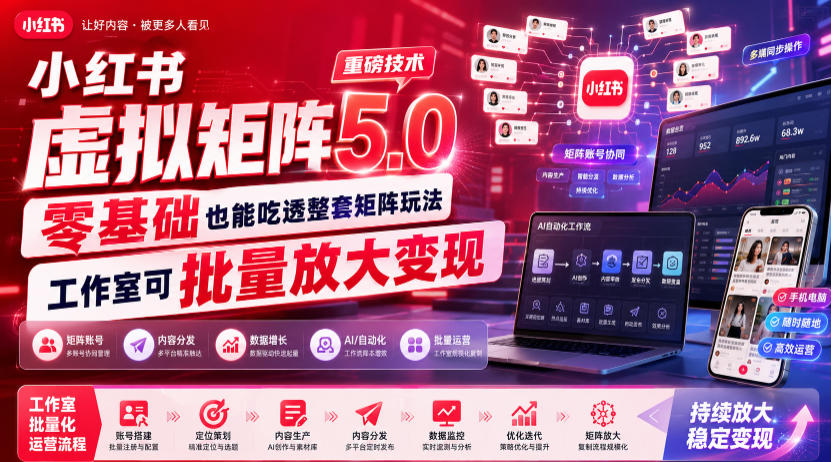 小红书虚拟矩阵5.0重磅技术，零基础也能吃透整套矩阵玩法，工作室可批量放大变现-梦清研习社