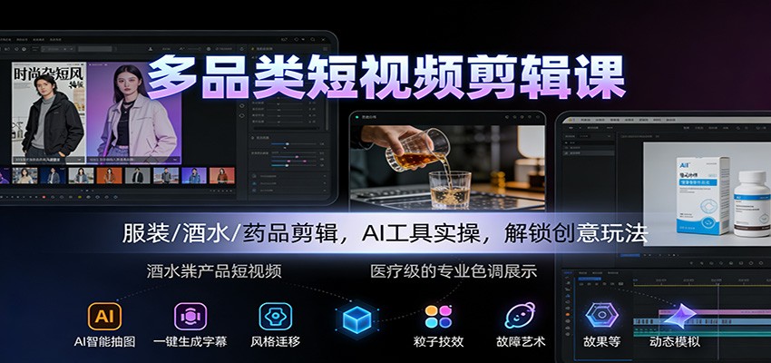 多品类短视频剪辑课:服装/酒水/药品剪辑,AI工具实操,解锁创意玩法-梦清研习社