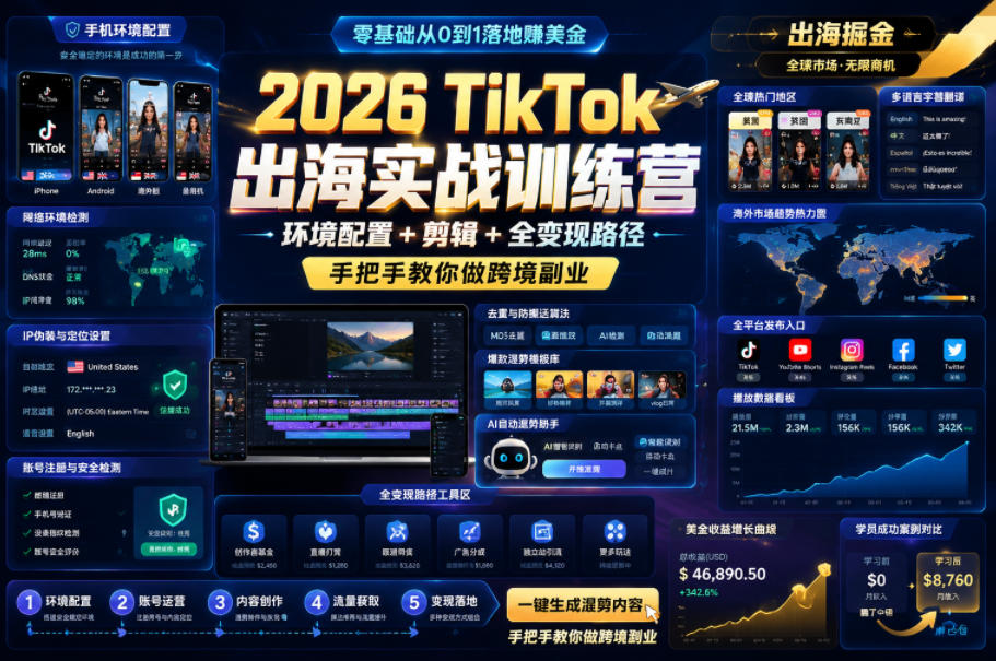 2026 TikTok出海实战训练营，环境配置 + 剪辑 + 全变现路径，手把手教你做跨境副业-梦清研习社