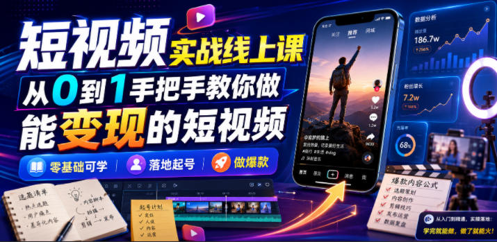 短视频实战线上课，从0到1手把手教你做能变现的短视频，零基础可学，落地起号做爆款-梦清研习社