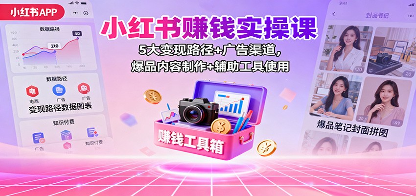 小红书赚钱实操课：5大变现路径+广告渠道，爆品内容制作+辅助工具使用-梦清研习社