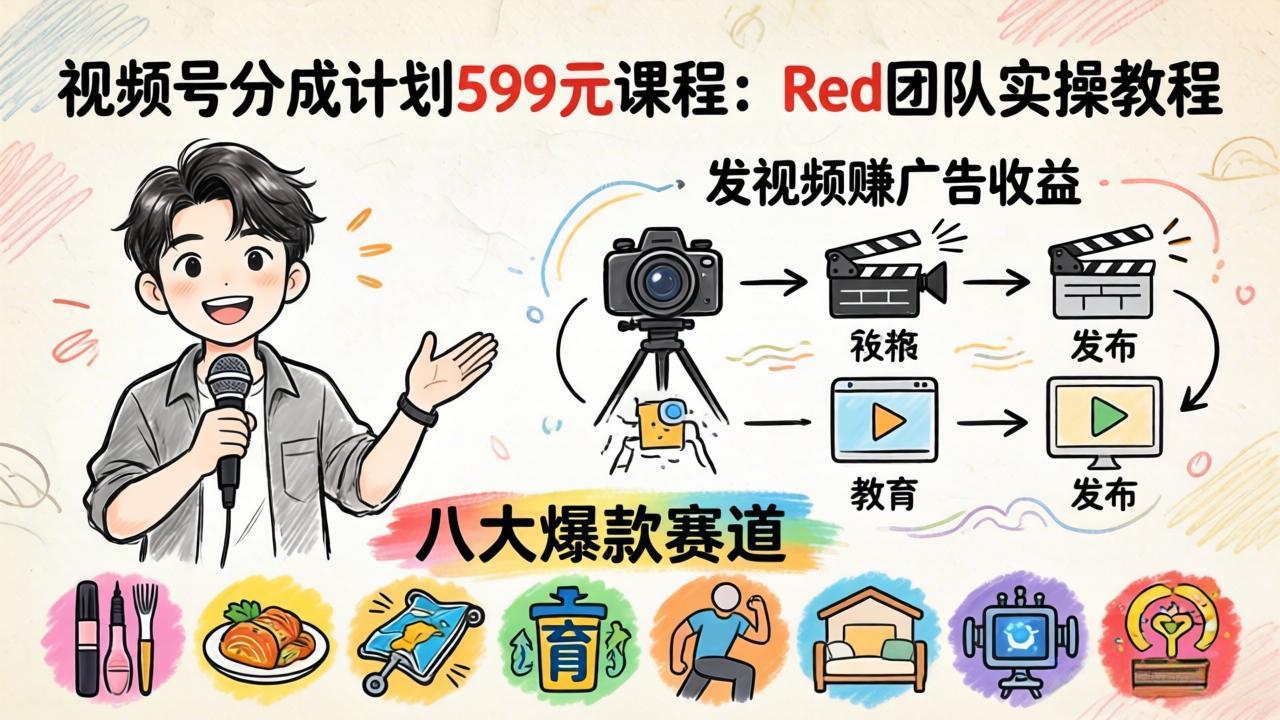 视频号分成计划599元课程：Red团队实操教程，发视频赚广告收益，八大爆款赛道全掌握-梦清研习社