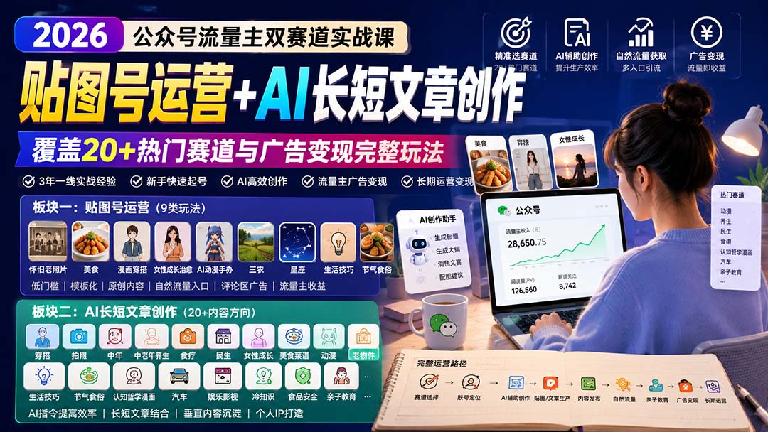 公众号流量主双赛道实战课：贴图号运营+AI长短文章创作，覆盖20+热门赛道与广告变现完整玩法-梦清研习社