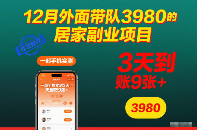 12月外面带队3980的居家副业项目,一部手机实测3天到账9张+,首发教程【揭秘】-梦清研习社