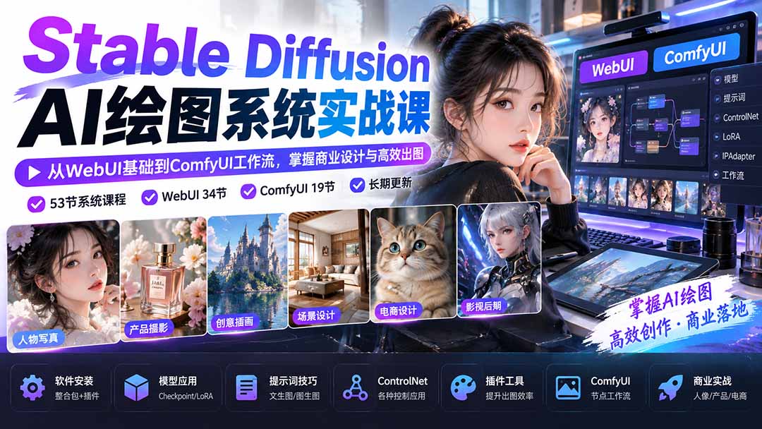 【无水印】Stable Diffusion AI绘图系统实战课：从WebUI基础到ComfyUI工作流，掌握商业设计与高效出图-梦清研习社