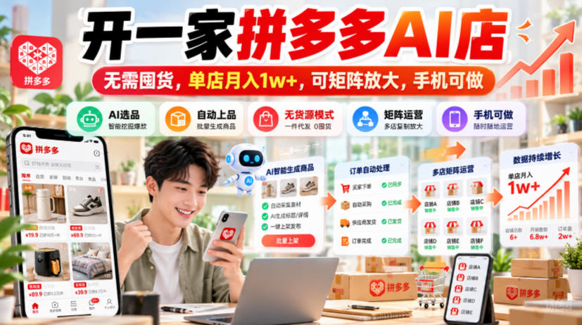 开一家拼多多AI店，无需囤货，单店月入1w+，可矩阵放大，手机可做【揭秘】-梦清研习社