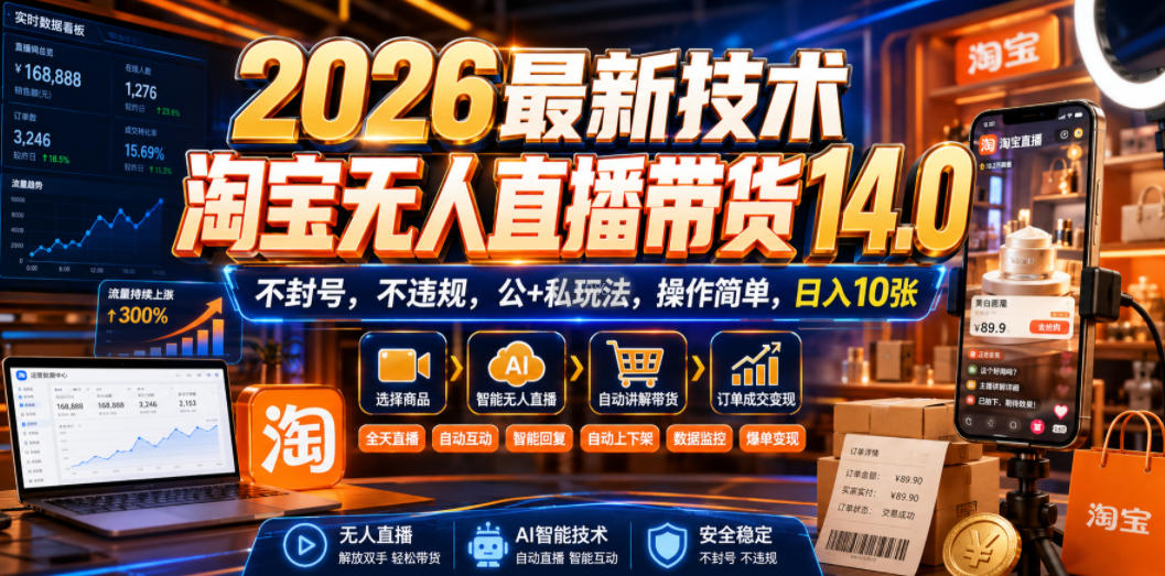 2026最新技术，淘宝无人直播带货14.0，不封号，不违规，公+私玩法，操作简单，日入10张【揭秘】-梦清研习社