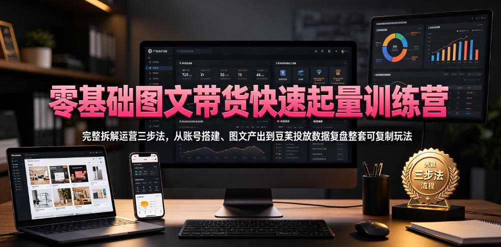 零基础图文带货快速起量训练营，完整拆解运营三步法，从账号搭建、图文产出到豆荚投放数据复盘整套可复制玩法-梦清研习社