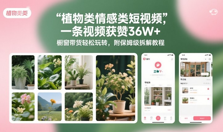 植物类情感类短视频，一条视频获赞36W+，橱窗带货轻松玩转，附保姆级拆解教程-梦清研习社