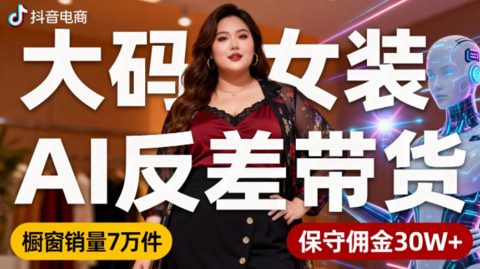 抖音小众赛道，大码女装AI反差带货，不用直播，每天6条作品，橱窗卖7万件，保守佣金30W+-梦清研习社
