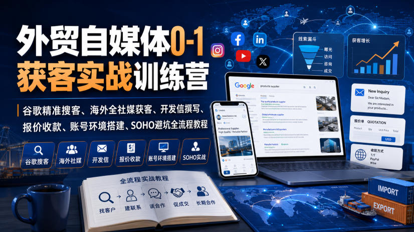 外贸自媒体0-1获客实战训练营｜谷歌精准搜客、海外全社媒获客、开发信撰写、报价收款、账号环境搭建、SOHO避坑全流程教程-梦清研习社