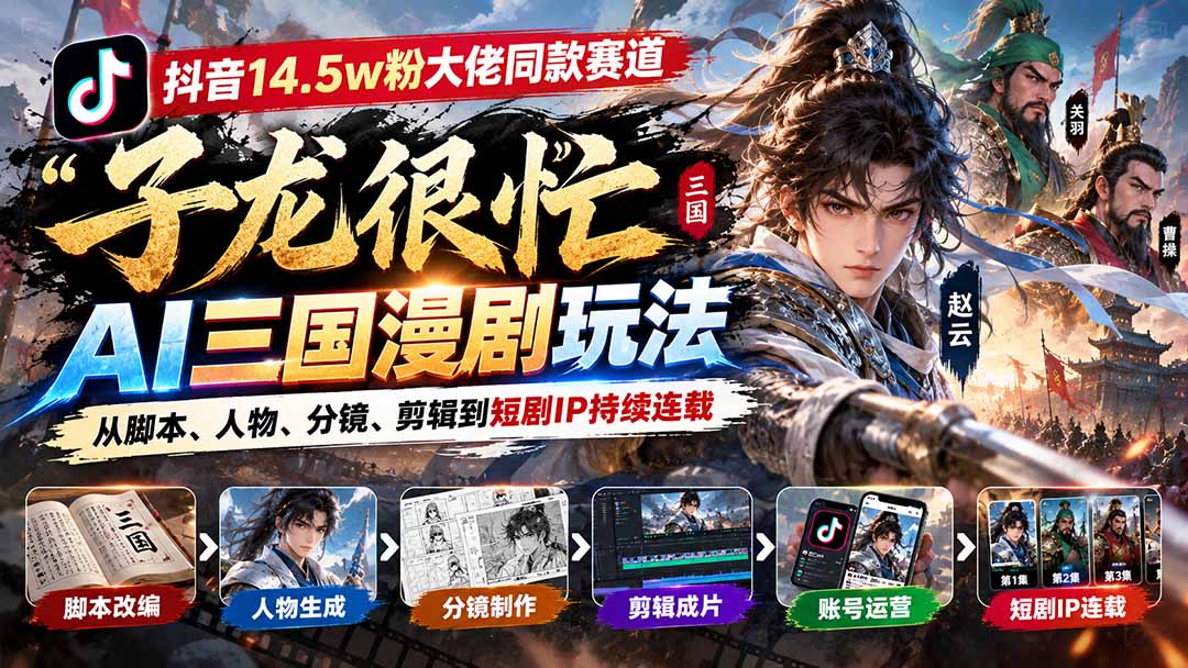 抖音14.5w粉大佬同款赛道「子龙很忙」AI三国漫剧玩法：从脚本、人物、分镜、剪辑到短剧IP持续连载-梦清研习社