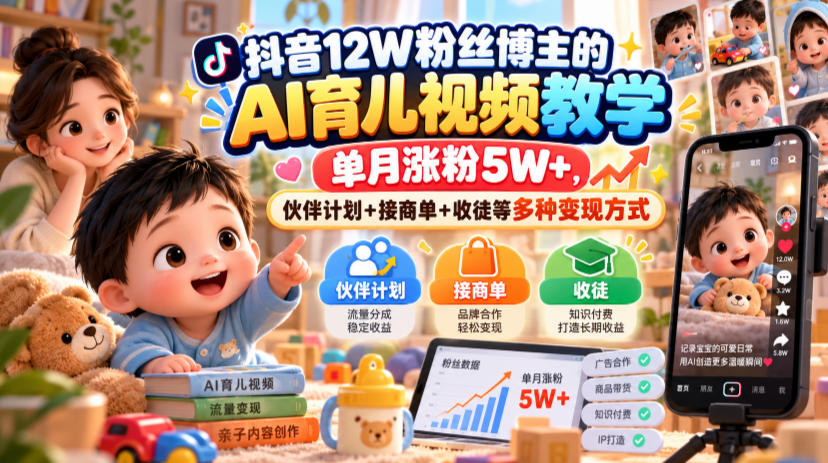 抖音12W粉丝博主的AI育儿视频教学，单月涨粉5W+，伙伴计划+接商单+收徒等多种变现方式-梦清研习社