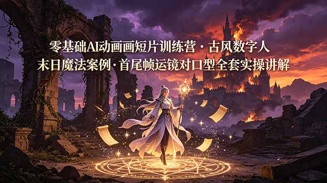 零基础AI动画短片训练营，古风数字人末日魔法案例，首尾帧运镜对口型全套实操讲解-梦清研习社