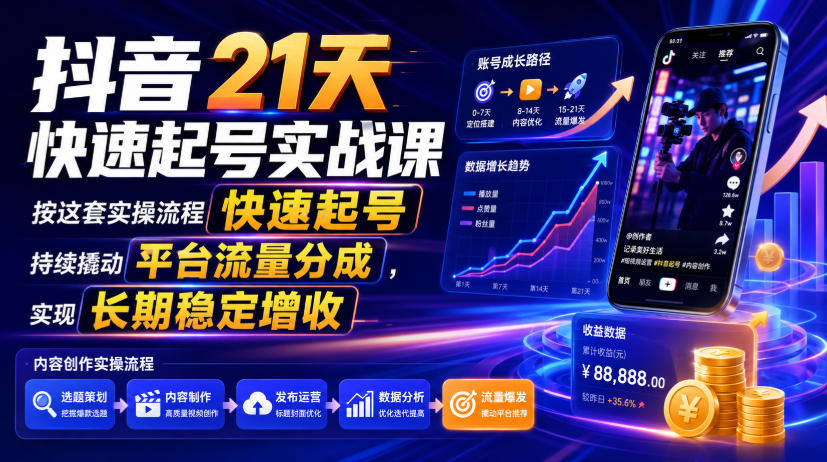 抖音21天快速起号实战课，按这套实操流程快速起号，持续撬动平台流量分成，实现长期稳定增收-梦清研习社