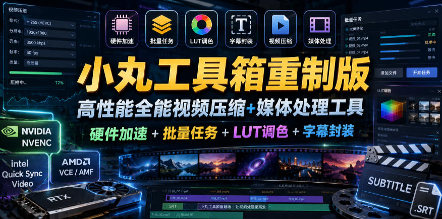 小丸工具箱重制版–高性能全能视频压缩+媒体处理工具｜硬件加速+批量任务+LUT调色+字幕封装-梦清研习社