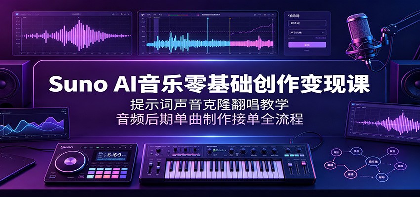 Suno AI音乐零基础创作变现课：提示词声音克隆翻唱教学，音频后期单曲制作接单全流程-梦清研习社