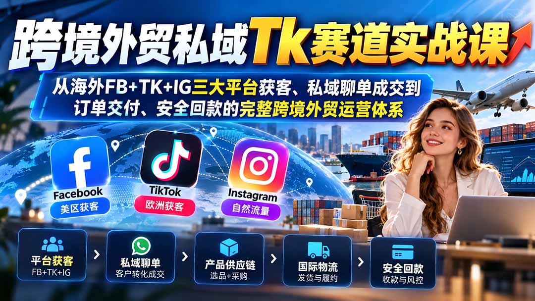 跨境外贸私域Tk赛道实战课:从海外FB+TK+IG三大平台获客、私域聊单成交到订单交付、安全回款的完整跨境外贸运营体系-梦清研习社