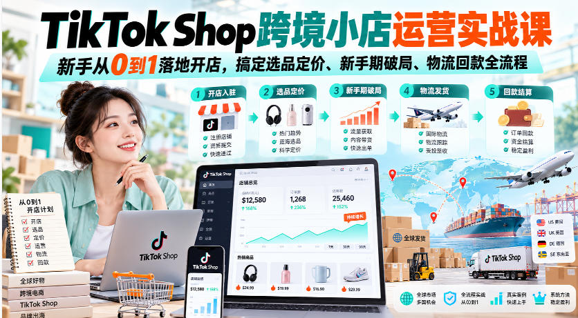 TikTok Shop跨境小店运营实战课，新手从0到1落地开店，搞定选品定价、新手期破局、物流回款全流程-梦清研习社