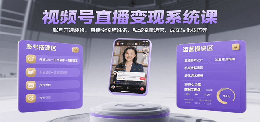 视频号直播变现系统课，账号开通装修、直播全流程准备、私域流量运营、成交转化技巧等-梦清研习社