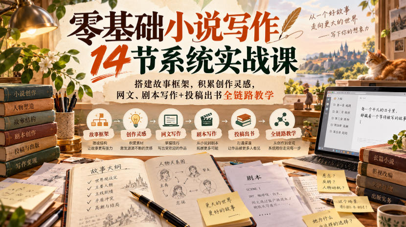 零基础小说写作14节系统实战课，搭建故事框架，积累创作灵感，网文、剧本写作+投稿出书全链路教学-梦清研习社