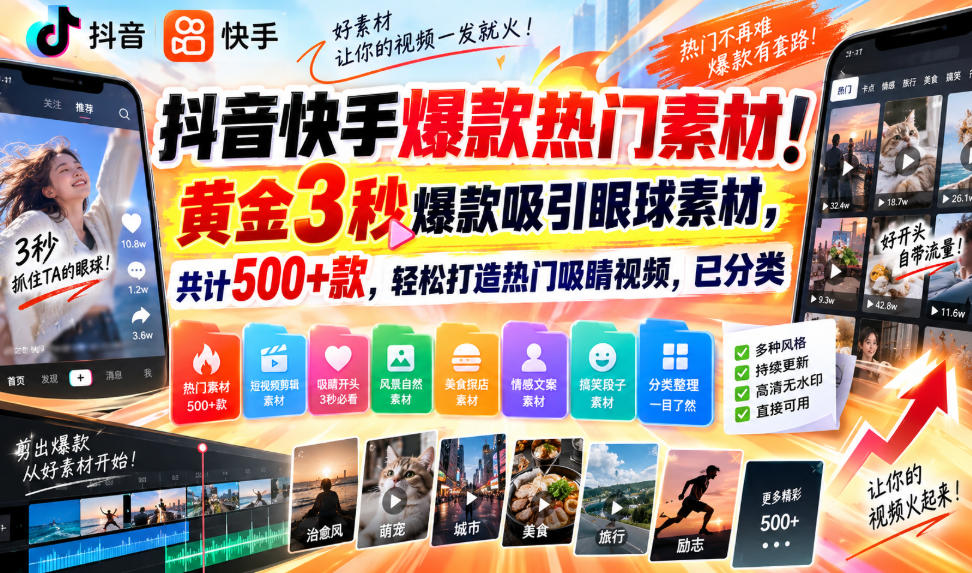抖音快手爆款热门素材！黄金3秒爆款吸引眼球素材，共计500+款，轻松打造热门吸睛视频，已分类-梦清研习社