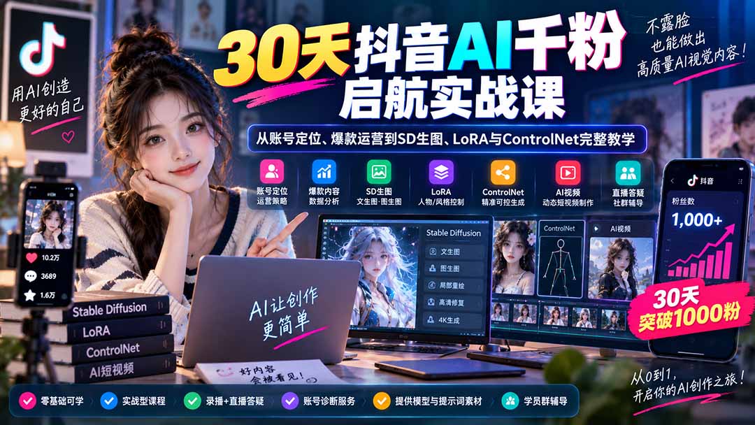 30天抖音AI千粉启航实战课：从账号定位、爆款运营到SD生图、LoRA与ControlNet完整教学-梦清研习社