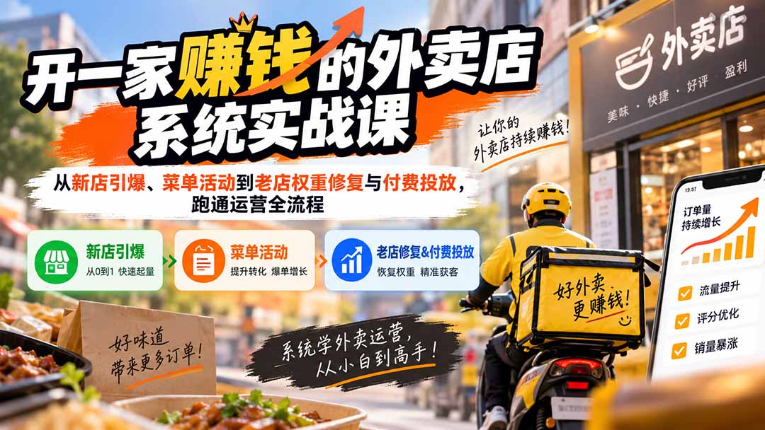 开一家赚钱的外卖店系统实战课：从新店引爆、菜单活动到老店权重修复与付费投放，跑通运营全流程-梦清研习社