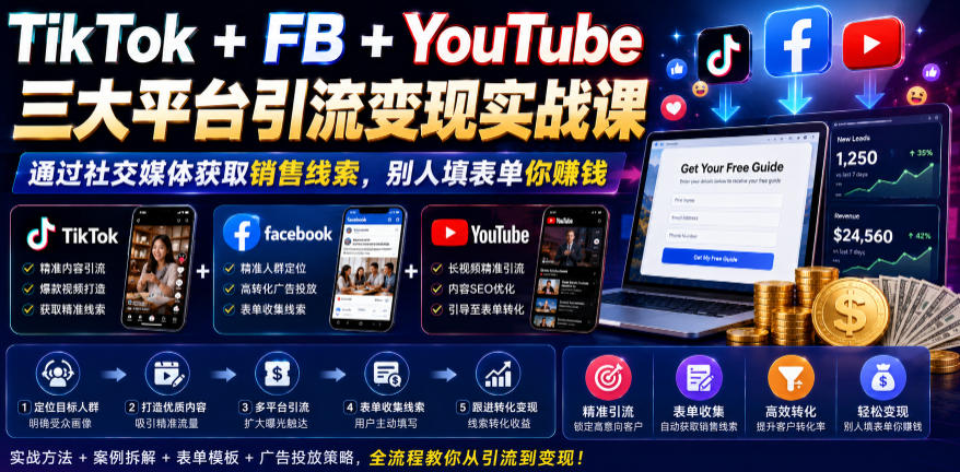 TikTok+FB+YouTube三大平台引流变现实战课,通过社交媒体获取销售线索,别人填表单你賺钱【原创双语字幕】-梦清研习社