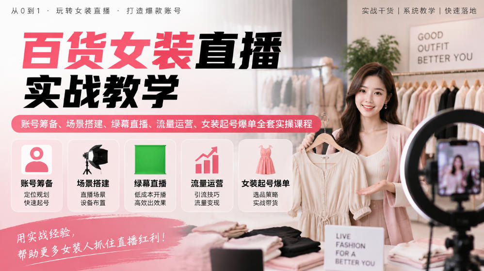 百货女装直播实战教学｜账号筹备、场景搭建、绿幕直播、流量运营、女装起号爆单全套实操课程-梦清研习社