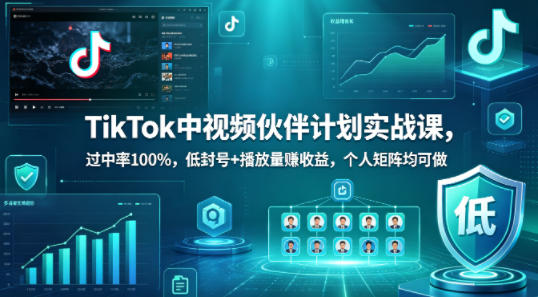 TikTok中视频伙伴计划实战课，过中率100%，低封号+播放量賺收益，个人矩阵均可做-梦清研习社